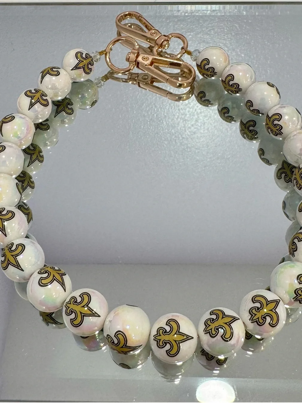 New White Bead Bag Chain 18 inches with Gold Fleur-de-Lis Accents